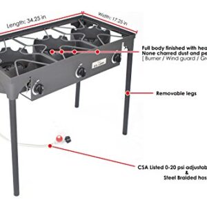 COOKAMP High Pressure Triple Burner Outdoor Propane Camping Stove with 0-20 PSI Adjustable High Pressuer Regulator and Steel Braided Hose 3 Burner Stove Brewing Supply SA3500