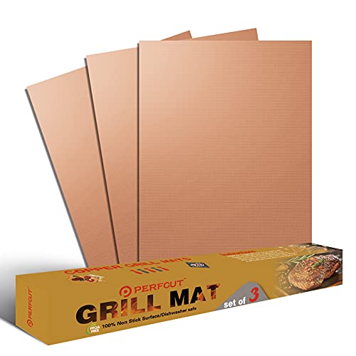 PERFCUT Copper Grill Mat 100% Non-Stick BBQ Grill & Baking Mats,Heavy Duty,Reusable and Easy to Clean for Electric Grill Gas Charcoal BBQ-15.75 x 13 Inch Set of 3-Golden