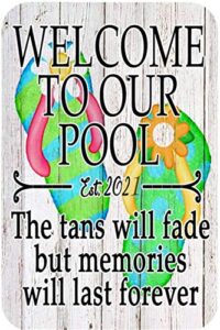 for vintage welcome to our pool flip flop 2020 metal tin sign 8×12 inch retro home kitchen seaside swimming pool outdoor wall decor new