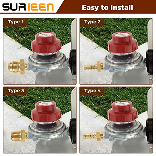 SURIEEN 0-20 PSI Adjustable High Pressure Propane Regulator Valve Kit, QCC1/Type1 Regulator Valve Kit with 1/8" NPT Male to 1/4" & 3/8" Male Flare Fitting, 1/4" & 5/16" Hose Barb Connector