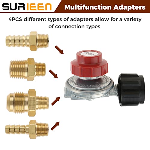 SURIEEN 0-20 PSI Adjustable High Pressure Propane Regulator Valve Kit, QCC1/Type1 Regulator Valve Kit with 1/8" NPT Male to 1/4" & 3/8" Male Flare Fitting, 1/4" & 5/16" Hose Barb Connector