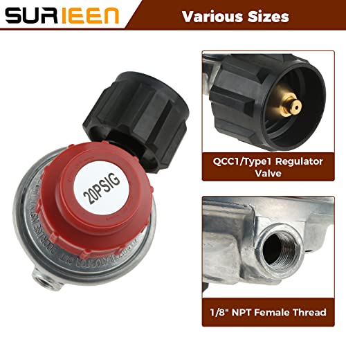 SURIEEN 0-20 PSI Adjustable High Pressure Propane Regulator Valve Kit, QCC1/Type1 Regulator Valve Kit with 1/8" NPT Male to 1/4" & 3/8" Male Flare Fitting, 1/4" & 5/16" Hose Barb Connector