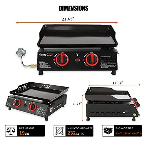 Royal Gourmet PD1203A 2 Burner Portable Griddle 18inch Tabletop Gas Grill Tailgate, Black