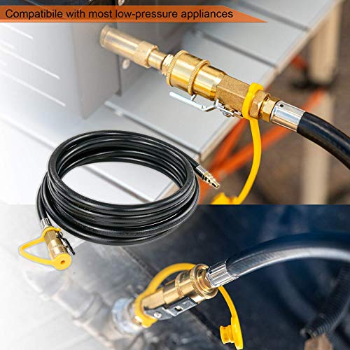 Uniflasy 12 Ft Low Pressure Propane RV Quick-Connect Hose, Quick Disconnect Propane Hose Extension - 1/4” Safety Shutoff Valve & Male Full Flow Plug for RVs