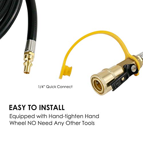 Uniflasy 12 Ft Low Pressure Propane RV Quick-Connect Hose, Quick Disconnect Propane Hose Extension - 1/4” Safety Shutoff Valve & Male Full Flow Plug for RVs