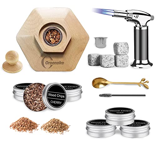 Cocktail Smoker Kit with Torch,Old Fashioned Smoker Kit with 6 Flavour Wood Chips and 4 Ice Cube Whiskey Stone for Bar Lovers,Father,Husband (Butane Not Included)