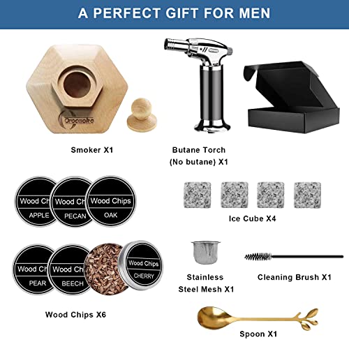 Cocktail Smoker Kit with Torch,Old Fashioned Smoker Kit with 6 Flavour Wood Chips and 4 Ice Cube Whiskey Stone for Bar Lovers,Father,Husband (Butane Not Included)