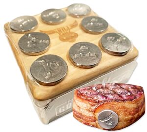 grill pinz- stainless steel reusable food & steak markers- attach & combine food while grilling (better than grill skewers or steak picks) made in usa – pack of 8 pinz with hardwood storage block