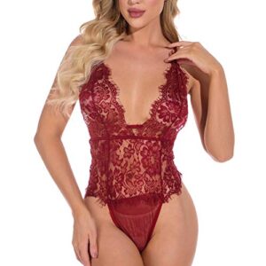 wodceeke sexy sling lace siamese plus size lingerie for women see-through hollow embroidered pajamas shapewear (red, xxl)