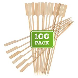 bamboosumo 10″ bamboo shish kabob skewers for grilling | extra long | flat wood skewer shape w/flag paddle handle