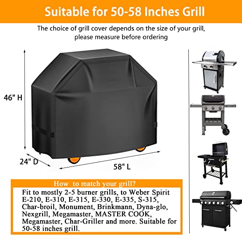 Aoretic Grill Cover, 58inch BBQ Gas Grill Cover, Waterproof,Anti-UV Material with Elastic Velcro & Adjustable Rope for Weber Char-Broil Monument, Brinkmann Dyna-glo Nexgrill Megamaster MASTERCOOK