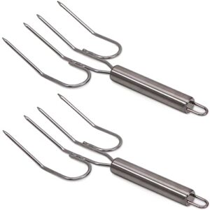 goeielewe 2-pack stainless steel turkey lifter multi-end turkey fork pork steak grill fork bbq hot dog roasting sticks camping needle skewers thanksgiving