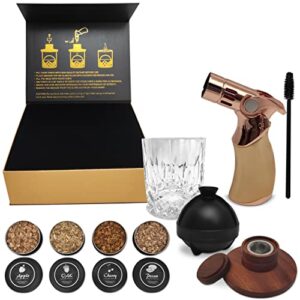 sematera – old fashioned cocktail smoker kit quad flame torch, natural cherry, pecan, oak and apple wood chips, low ball whiskey glass, bourbon and drink crafting accessories (no butane)
