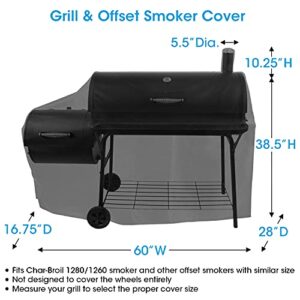 Unicook Offset Smoker Cover 60 Inch, Outdoor Heavy Duty Waterproof Charcoal Grill Cover, Fade and UV Resistant Smokestack BBQ Cover, Compatible for Brinkmann, Char-Broil, Royal Gourmet and More, Black