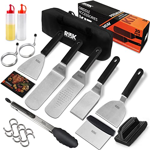 RüK Griddle Accessories Kit, 20 Pcs Anti-Scalding Long Handle Flat Top Griddle Accessories Set with Professional Metal Spatula, Griddle Scraper, Cleaning Kit, e-Cookbook for Blackstone and Camp Chef