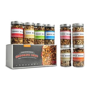 restaswork wood chips for smoking (8 oz) natural smoking wood chips variety pack hickory, pecan,cherry and apple great for smoking beef pork chicken fish cocktail and whisky (8 pack)