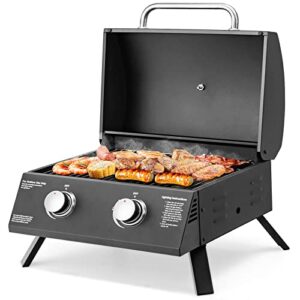 giantex portable gas grill, 2 burners max. 20,000 btus total, tabletop propane grill with built-in thermometer, folding legs, grease collector, camping gas grill for out cooking picnic rv bbq, black