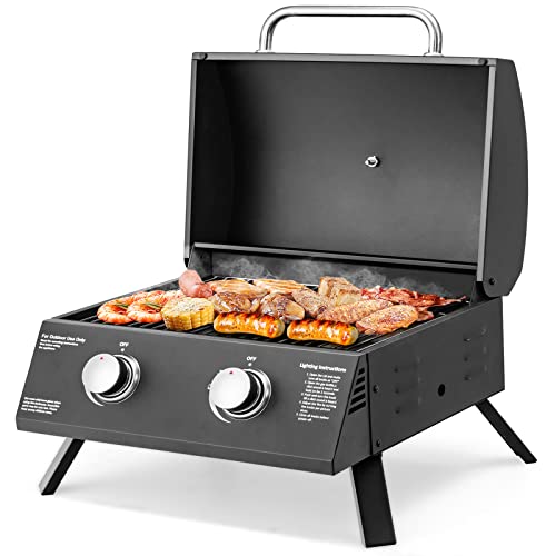 Giantex Portable Gas Grill, 2 Burners Max. 20,000 BTUs total, Tabletop Propane Grill with Built-in Thermometer, Folding Legs, Grease Collector, Camping Gas Grill for Out Cooking Picnic RV BBQ, Black