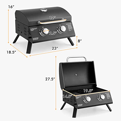 Giantex Portable Gas Grill, 2 Burners Max. 20,000 BTUs total, Tabletop Propane Grill with Built-in Thermometer, Folding Legs, Grease Collector, Camping Gas Grill for Out Cooking Picnic RV BBQ, Black