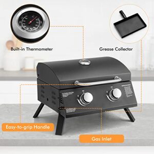 Giantex Portable Gas Grill, 2 Burners Max. 20,000 BTUs total, Tabletop Propane Grill with Built-in Thermometer, Folding Legs, Grease Collector, Camping Gas Grill for Out Cooking Picnic RV BBQ, Black