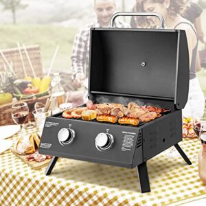 Giantex Portable Gas Grill, 2 Burners Max. 20,000 BTUs total, Tabletop Propane Grill with Built-in Thermometer, Folding Legs, Grease Collector, Camping Gas Grill for Out Cooking Picnic RV BBQ, Black