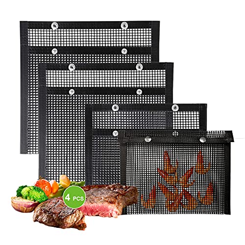 WOHLOPL Grill Bags - Reusable Non-Stick BBQ Mesh Grill Bags, 4 Pieces Large Barbeque Bags for Grilling, Easy to Clean, Two Sizes, 15.7 x 10.6 Inch, 8.66 x 10.6 Inch