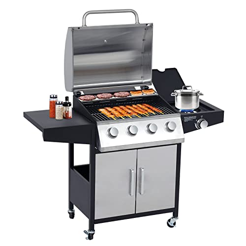 4-Burner BBQ Propane Grills Outdoor Gas Grill with Side Burner Stainless Steel Grills with Wheels for Camp Cooking Barbecues