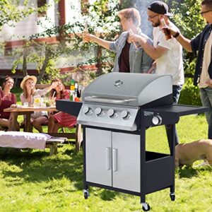 4-Burner BBQ Propane Grills Outdoor Gas Grill with Side Burner Stainless Steel Grills with Wheels for Camp Cooking Barbecues