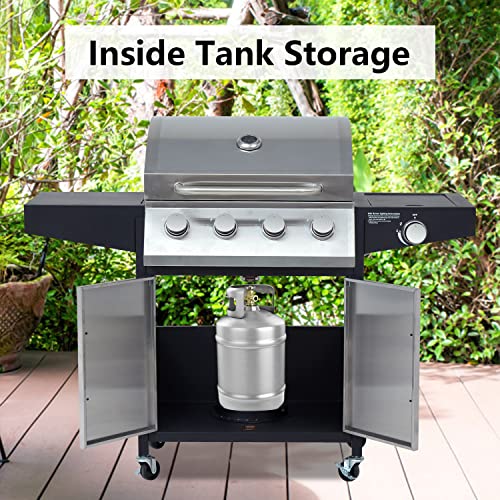 4-Burner BBQ Propane Grills Outdoor Gas Grill with Side Burner Stainless Steel Grills with Wheels for Camp Cooking Barbecues