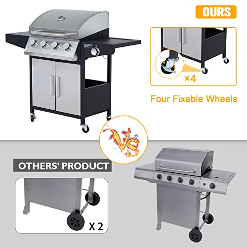 4-Burner BBQ Propane Grills Outdoor Gas Grill with Side Burner Stainless Steel Grills with Wheels for Camp Cooking Barbecues