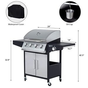 4-Burner BBQ Propane Grills Outdoor Gas Grill with Side Burner Stainless Steel Grills with Wheels for Camp Cooking Barbecues