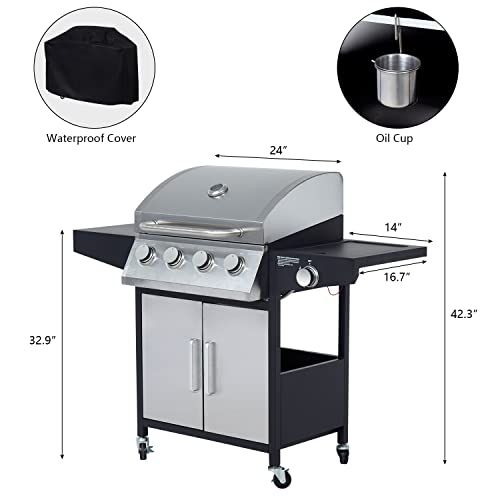 4-Burner BBQ Propane Grills Outdoor Gas Grill with Side Burner Stainless Steel Grills with Wheels for Camp Cooking Barbecues