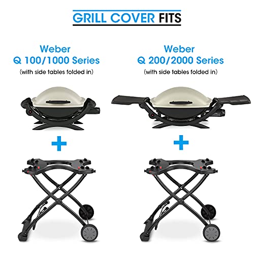 Unicook Grill Cover for Weber Q 100/1000 Q 200/2000 Grills with Q Portable Cart, Compared to Weber 7113, Heavy Duty Waterproof Full Length Portable Grill Cover, Fade and UV Resistant Material, Black