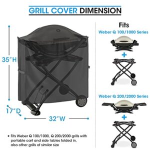 Unicook Grill Cover for Weber Q 100/1000 Q 200/2000 Grills with Q Portable Cart, Compared to Weber 7113, Heavy Duty Waterproof Full Length Portable Grill Cover, Fade and UV Resistant Material, Black