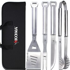 kona bbq grill tools set with case – 18 inches long to keep hands away from heat, premium stainless steel grilling utensils with bottle opener handles – makes a great gift