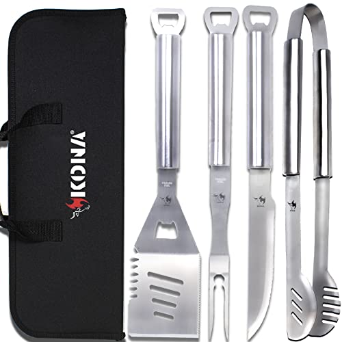 Kona BBQ Grill Tools Set with Case - 18 inches Long to Keep Hands Away from Heat, Premium Stainless Steel Grilling Utensils with Bottle Opener Handles - Makes A Great Gift