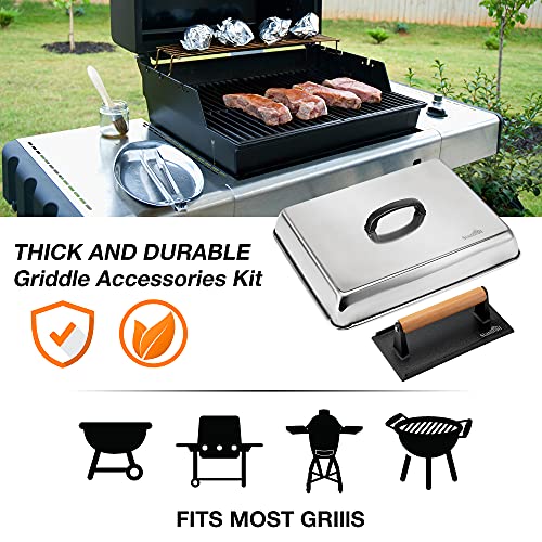 Stanbroil Melting Dome & Grill Press Kit- Stainless Steel Basting Cover Cheese Melting Dome with Cast Iron Burger Bacon Press for Flat Top Griddle Grill Indoor/Outdoor