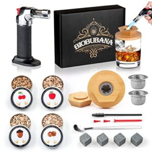 cocktail smoker kit with torch, whiskey smoker kit with 4 flavors wood chips of oak, walnut, pearwood, mahogany, old-fashioned smoker kit with a diamond shaped wood chimney, 4 ice stone, mother’s day father’s day gifts for men, dad, husband, mum, (without