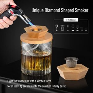 Cocktail Smoker Kit with Torch, whiskey smoker kit with 4 Flavors Wood Chips of Oak, Walnut, Pearwood, Mahogany, Old-fashioned Smoker Kit with a Diamond Shaped Wood Chimney, 4 Ice Stone, Mother's Day Father's Day Gifts for Men, Dad, Husband, Mum, (Without