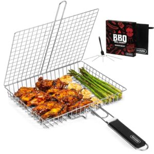 shizzo grill basket value set, barbecue bbq grilling basket , stainless steel large folding grilling baskets with handle, portable outdoor camping bbq rack for fish, shrimp, vegetables, barbeque griller cooking accessories, gift, gifts for father, dad, hu