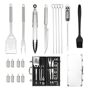the hungry cook 19pcs 14“ standard stainless steel bbq accessories grill tool set, premium outdoor grill utensil accessories with aluminum case, prefect, birthday, grilling gift for men