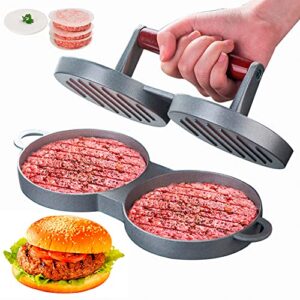 dj.kekao two at a time round shape hamburger press aluminum alloy hamburger meat beef grill burger press food mold kichen tool with 100 pieces waxed papers for cooking (two)