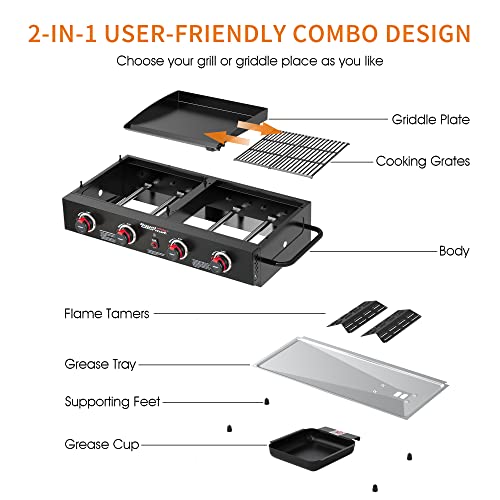 Royal Gourmet 4- Burner Portable Propane Griddle Grill Combo tailgater Griddle Flat Top Propan Gas Grill, Black, GD4002TB