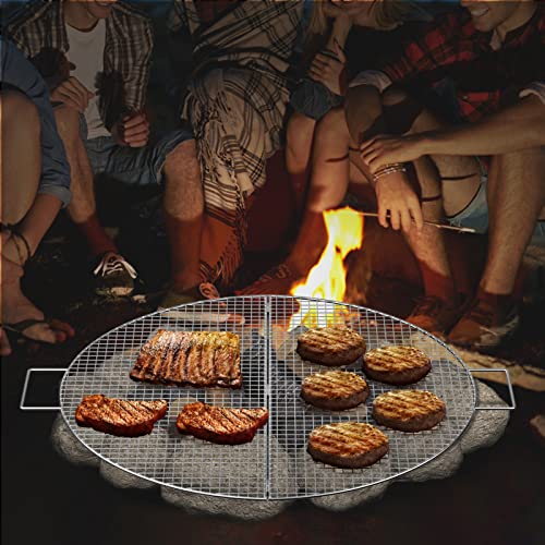 VEVOR Fire Pit Cooking Grill Grate 24 Inch, Foldable Round Cooking Grate, Stainless Steel Tight Grid Campfire BBQ Grill with Portable Handle for Outdoor Picnic Party & Gathering, Silver