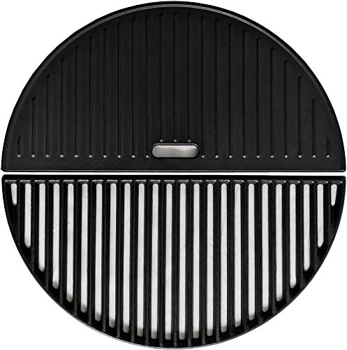 ZLjoint Half Moon Cast Iron Reversible Griddle and Grate Compatible Kamado Joe Classic I, II, III; 18" (Griddle+Grate)
