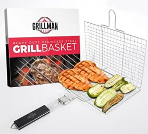grillman heavy-duty stainless steel bbq grill basket – 180-degree hinged lid & secure locking handle | grill pan set, portable grill accessories | barbecue, fish, vegetable, hamburger salmon