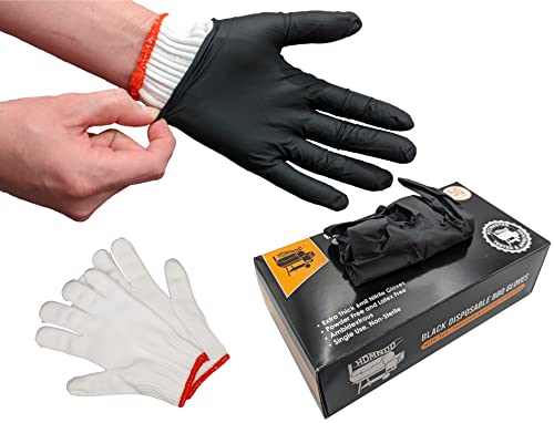 HDMNDD Black Disposable BBQ Gloves Kit with 50 Heavy Duty Textured Fingertip Grips and 2 heat resistant, washable, reusable Glove Liners for Grill BBQ Cooking Gloves, Meat Gloves for Pulling Meat