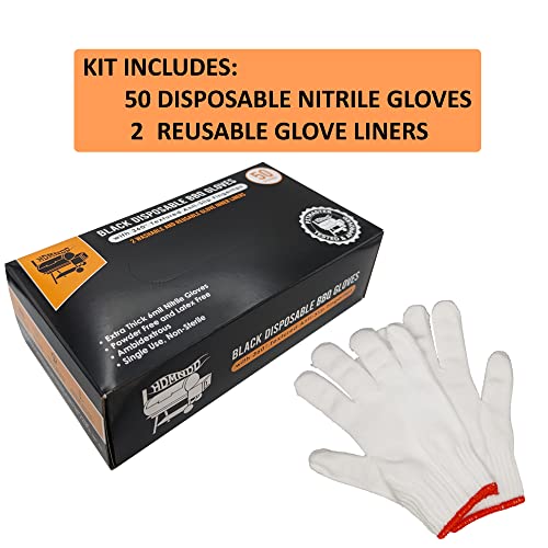 HDMNDD Black Disposable BBQ Gloves Kit with 50 Heavy Duty Textured Fingertip Grips and 2 heat resistant, washable, reusable Glove Liners for Grill BBQ Cooking Gloves, Meat Gloves for Pulling Meat