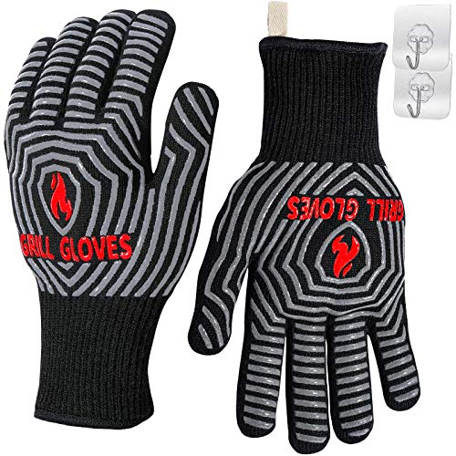 QUWIN BBQ Gloves, Oven Gloves 1472℉ Extreme Heat Resistant, Grilling Gloves Silicone Non-Slip Oven Mitts, Kitchen Gloves for BBQ, Grilling, Cooking, Baking-1 Pair… (One Size Fits Most, Black)