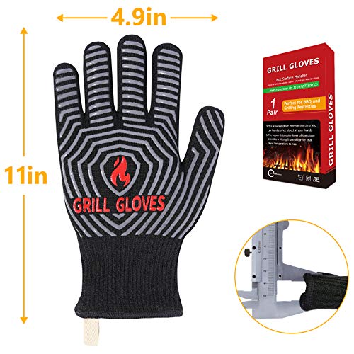 QUWIN BBQ Gloves, Oven Gloves 1472℉ Extreme Heat Resistant, Grilling Gloves Silicone Non-Slip Oven Mitts, Kitchen Gloves for BBQ, Grilling, Cooking, Baking-1 Pair… (One Size Fits Most, Black)